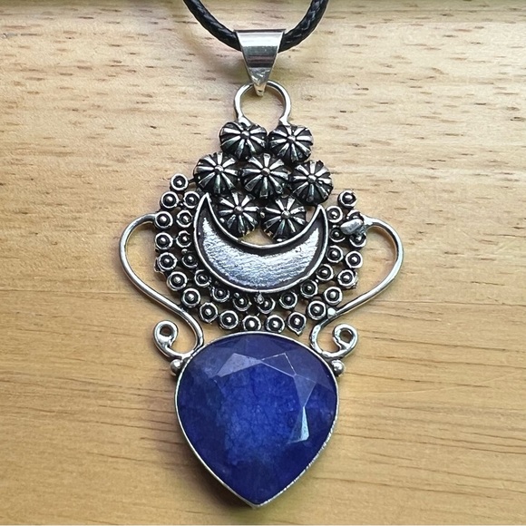 New Faceted Enhanced Sapphire Stone Silver Overlay Pendant Necklace with Cord - Picture 1 of 6